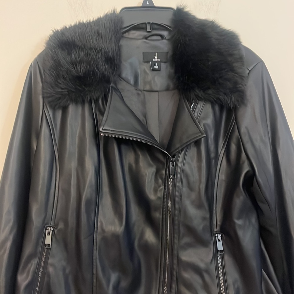 Jason Wu Black Faux Leather Jacket with Faux Fur Collar Size 12